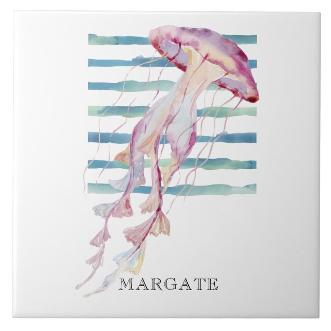 Watercolor JELLYFISH Beach Coastal MARGATE Ceramic Tile (Front)