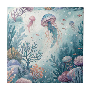 Watercolor Jellyfish Coral Reef Underwater Pattern Ceramic Tile