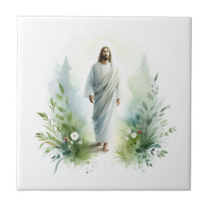 Watercolor Jesus Christ with Botanical Elements – Ceramic Tile