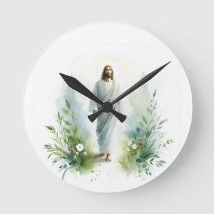 Watercolor Jesus Christ with Botanical Elements –  Round Clock