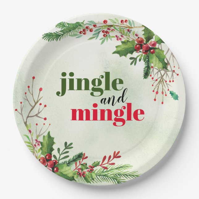 Watercolor Jingle and Mingle Christmas Holiday Paper Plate (Front)