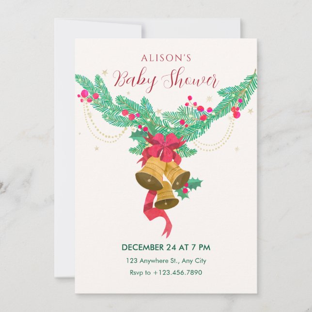Watercolor jingle bells christmas baby shower invitation (Front)