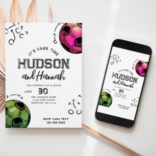Watercolor Joint Soccer Birthday Invitation