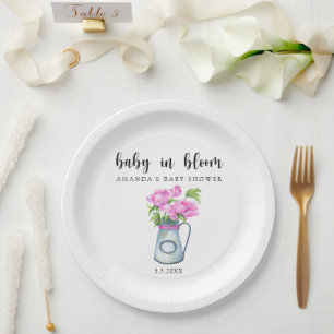 Watercolor jug of flowers - baby in bloom paper plate