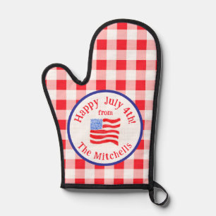 Watercolor July 4th Flag Red Check NAME Oven Mitt