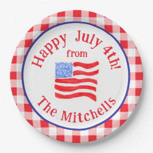 Watercolor July 4th Flag Red Check NAME Paper Plate
