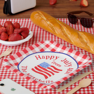 Watercolor July 4th Flag Red Check NAME Square Paper Plate