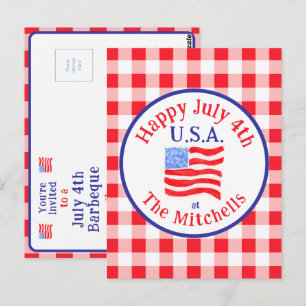 Watercolor July 4th USA Flag Red Check INVITATION Postcard