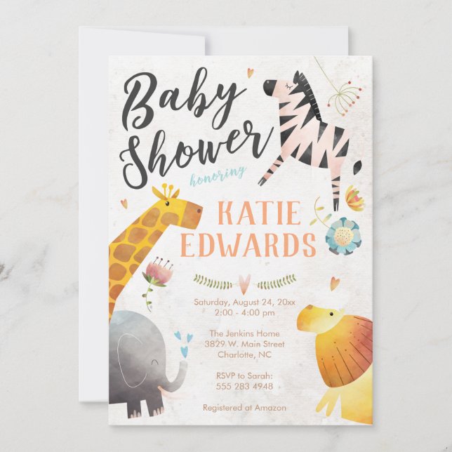 Watercolor Jungle Animals Baby Shower Invitation (Front)