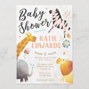 Watercolor Jungle Animals Baby Shower Invitation
