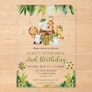 Watercolor Jungle Animals Kids Birthday Acrylic Invitations