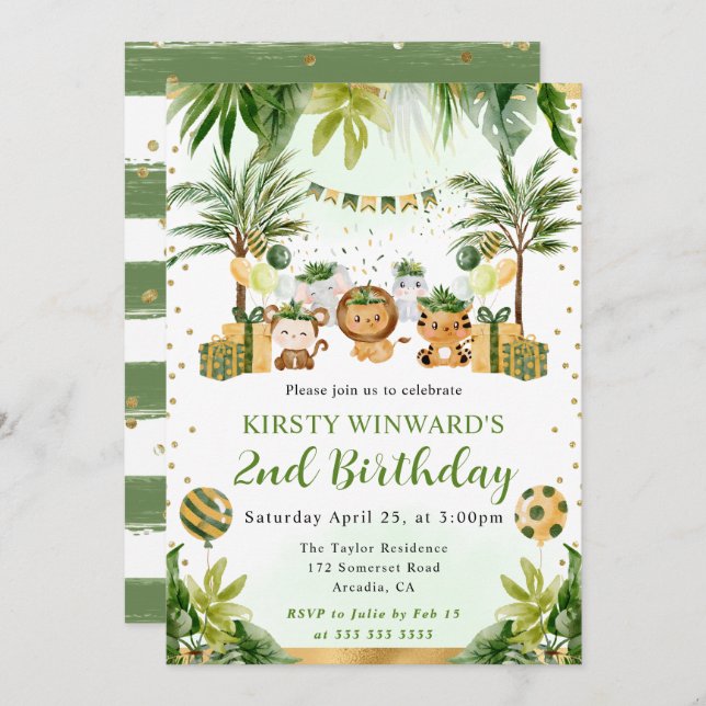 Watercolor Jungle Animals Kids Birthday Invitation (Front/Back)