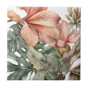 Watercolor Jungle Florals Peach Gold Splash Ceramic Tile