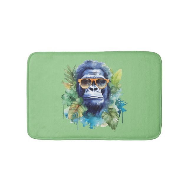 Watercolor Jungle Gorilla with Sunglasses & Leafs Bath Mat (Front)