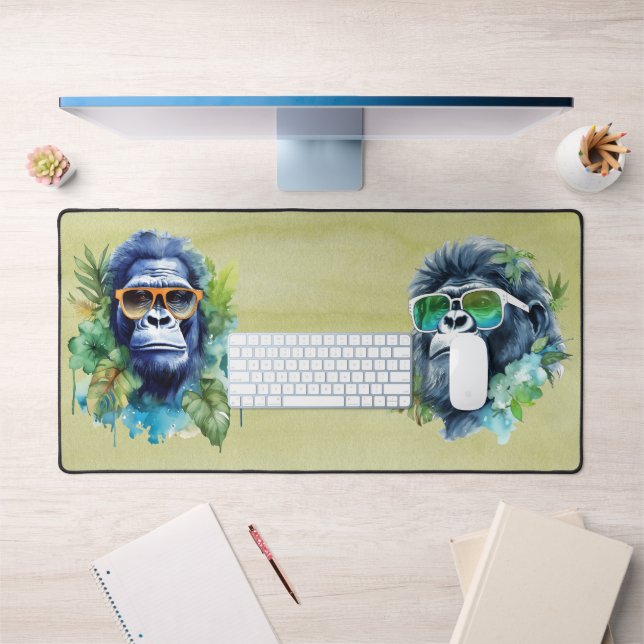 Watercolor Jungle Gorilla with Sunglasses & Leafs Desk Mat (Office 1)