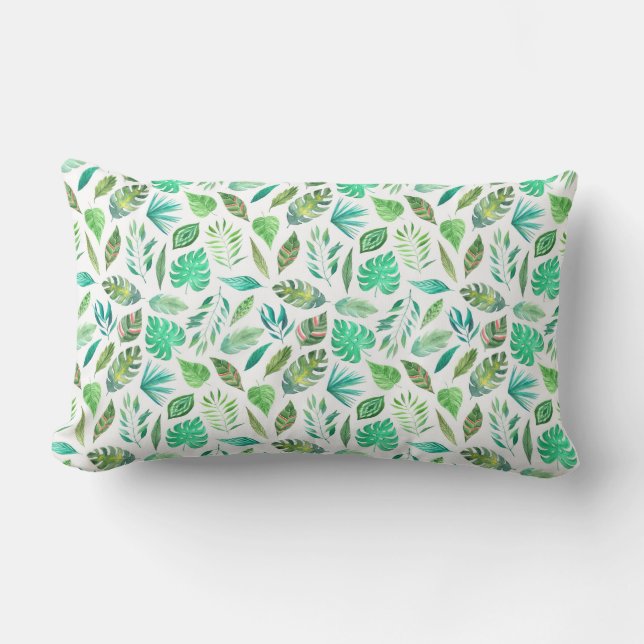 Watercolor Jungle Greenery Pattern Lumbar Cushion (Front)