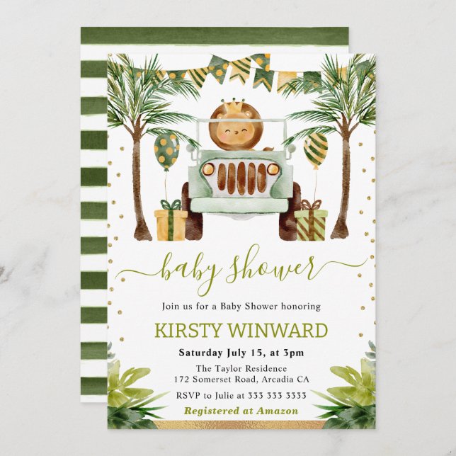 Watercolor Jungle Lion Baby Shower Invitation (Front/Back)