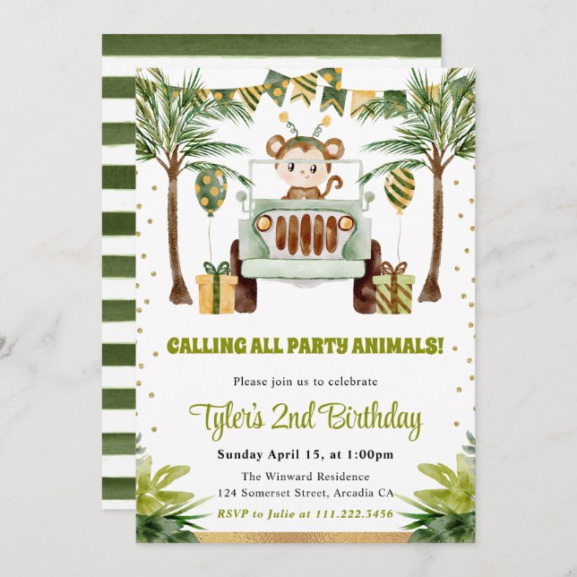 Watercolor Jungle Monkey Kids Birthday Invitation (Front/Back)