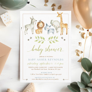 Watercolor Jungle Safari Animals Baby Boy Shower Invitation