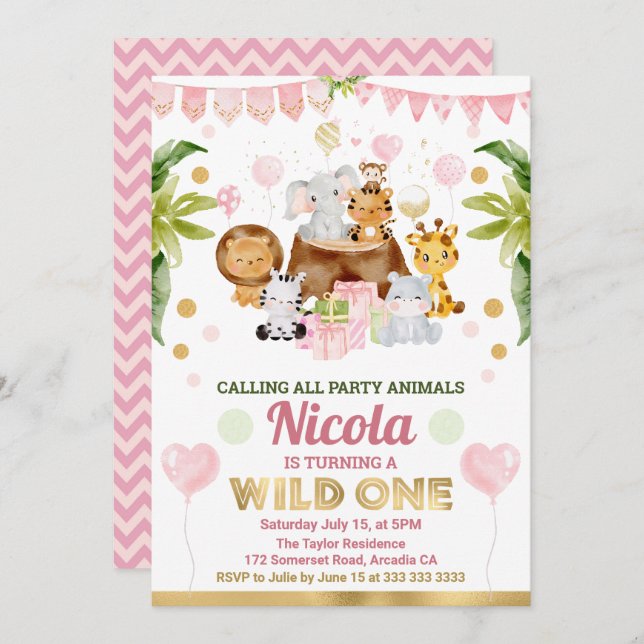 Watercolor Jungle Safari Animals Girls Birthday Invitation (Front/Back)