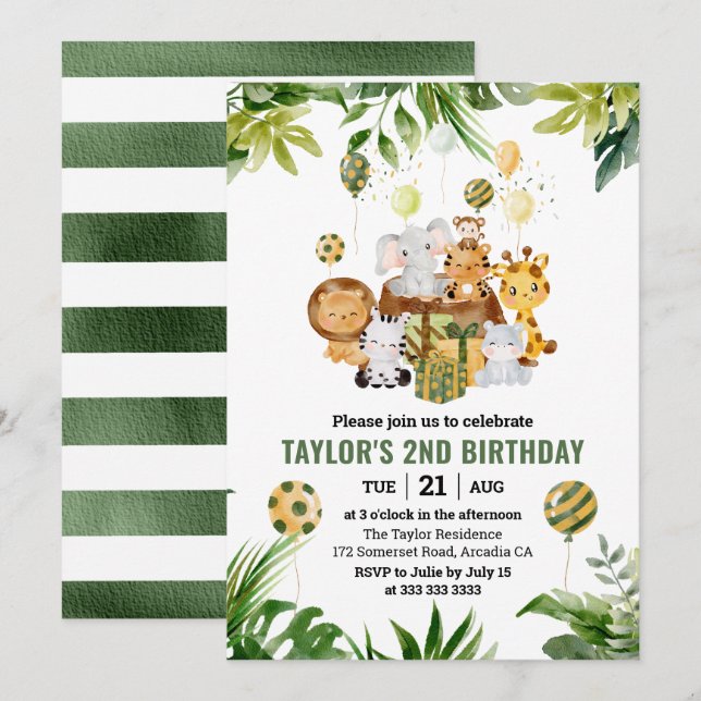 Watercolor Jungle Safari Animals Kids Birthday Invitation (Front/Back)