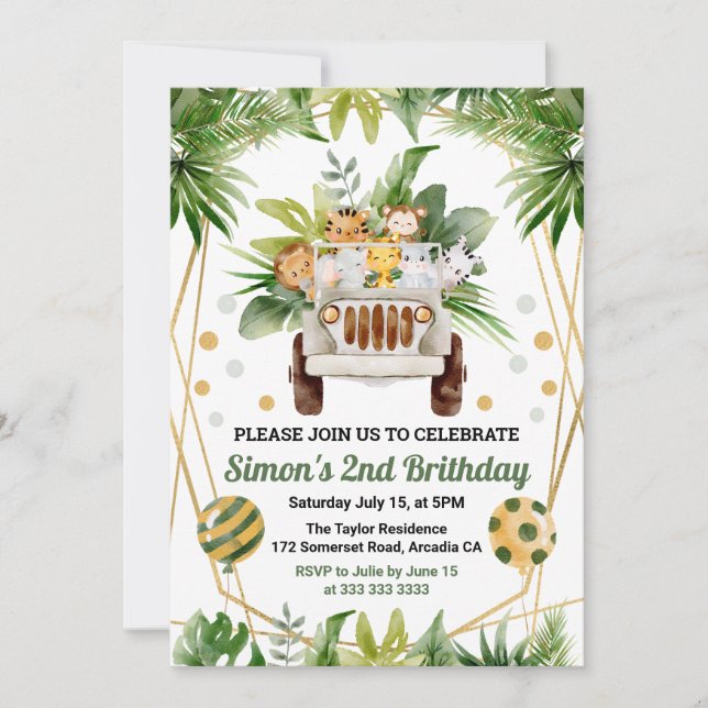 Watercolor Jungle Safari Animals Kids Birthday  Invitation (Front)