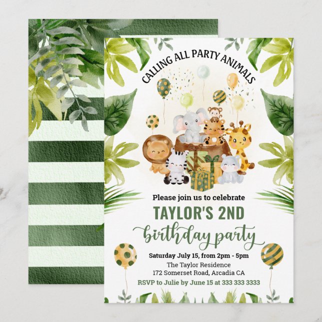Watercolor Jungle Safari Animals Kids Birthday Invitation (Front/Back)