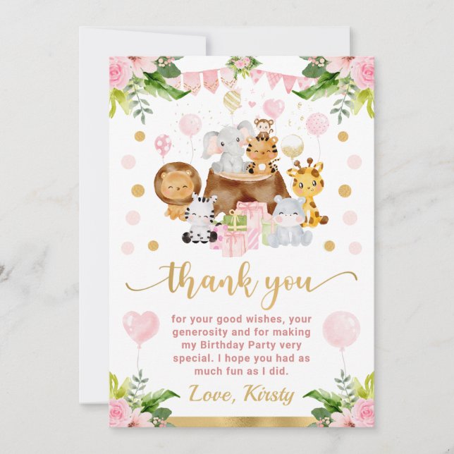 Watercolor Jungle Safari Animals Kids Birthday Thank You Card (Front)
