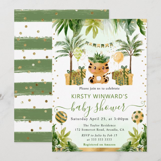 Watercolor Jungle Tiger Baby Shower Invitation (Front/Back)