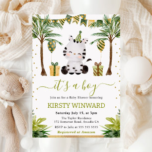 Watercolor Jungle Zebra Baby Boy Shower Invitation
