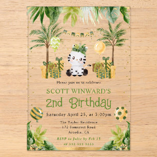 Watercolor Jungle Zebra Kids Birthday Acrylic Invitations