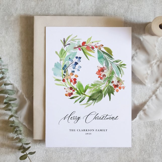 Watercolor Juniper and Holly Wreath Christmas Holiday Card (Creator Uploaded)