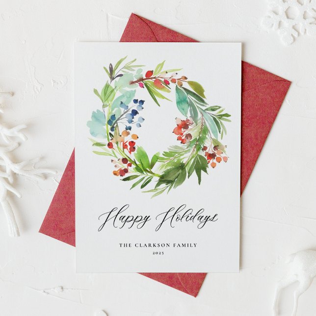 Watercolor Juniper and Holly Wreath Happy Holidays Holiday Card (Creator Uploaded)