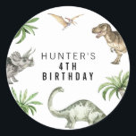 Watercolor Jurassic Dinosaur Birthday Favour Classic Round Sticker<br><div class="desc">Add a prehistoric touch to your party favours with these Watercolor Jurassic Dinosaur Birthday Stickers! Featuring beautifully hand-painted dinosaurs and lush greenery, these stickers are perfect for sealing envelopes, decorating gifts, or adding a fun touch to any dinosaur-themed birthday celebration. Personalise with your child’s name and age for a unique...</div>