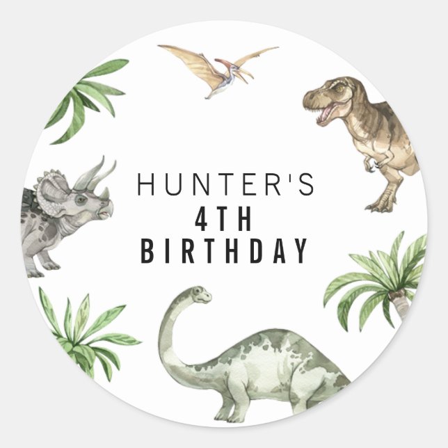 Watercolor Jurassic Dinosaur Birthday Favour Classic Round Sticker (Front)
