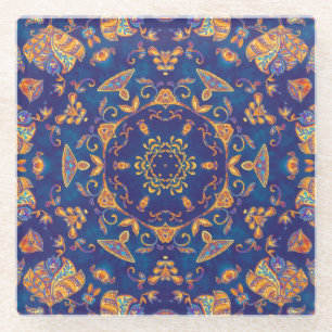 Watercolor Kaleidoscope Mandala Oriental Design. Glass Coaster