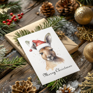 Watercolor Kangaroo Santa Hat Christmas Card