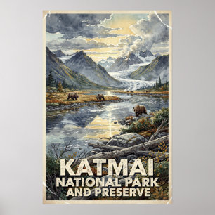 Watercolor Katmai National Park and Preserve Retro Poster