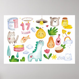 Watercolor kawaii doodles isolated on white backgr poster