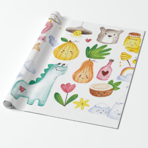 Watercolor kawaii doodles isolated on white backgr wrapping paper