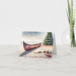 Watercolor Kayak on Beach at Christmas Time Holiday Card