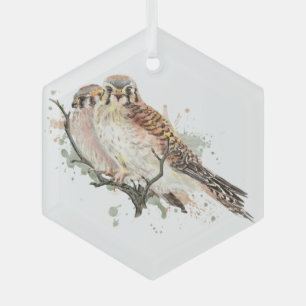 Watercolor Kestrel Falcon Friends Couple Birds Glass Tree Decoration