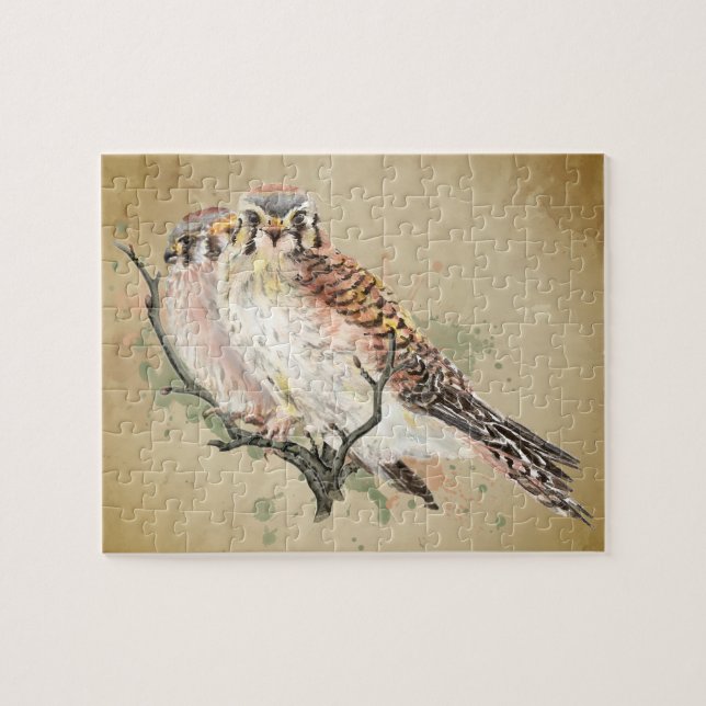 Watercolor Kestrel Falcon Wildlife Bird Art Jigsaw Puzzle (Horizontal)