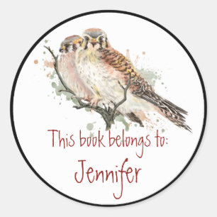 Watercolor Kestrel Hawks Birds  Library Book Plate Classic Round Sticker