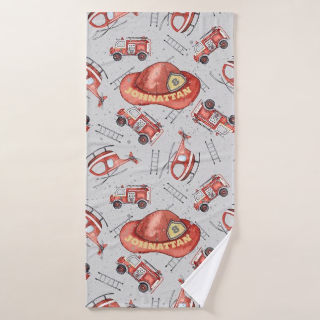 Watercolor Kid Red Firefighter Cute Design   Bath Towel (Bath Towel)