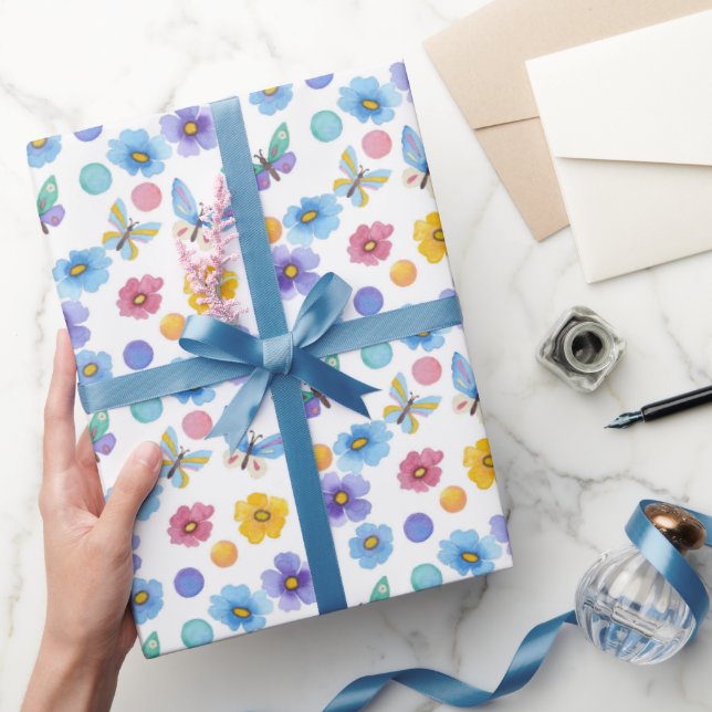Watercolor kids butterfly flowers pattern wrapping paper (Gifting)