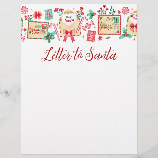 Watercolor Kids Letter to Santa Paper Custom Letterhead (Front)
