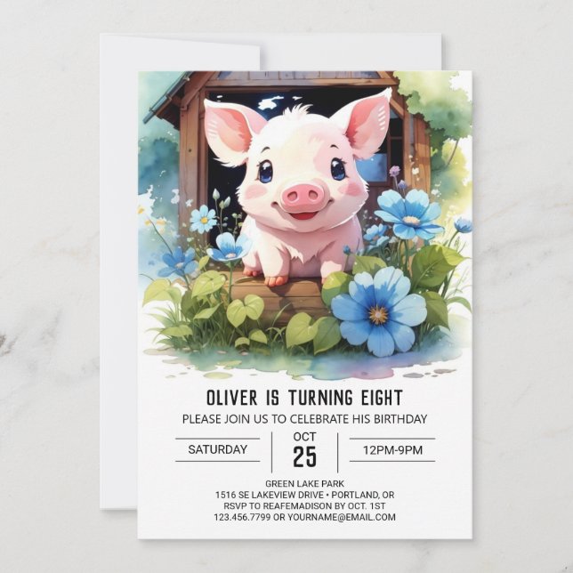 Watercolor Kids' Piglet Barnyard Birthday Invitation (Front)