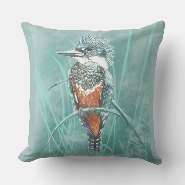 Watercolor Kingfisher Bird Wildlife Art Cushion (Front)