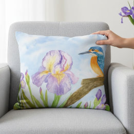 Watercolor Kingfisher with Purple Irises Decorative Cushion